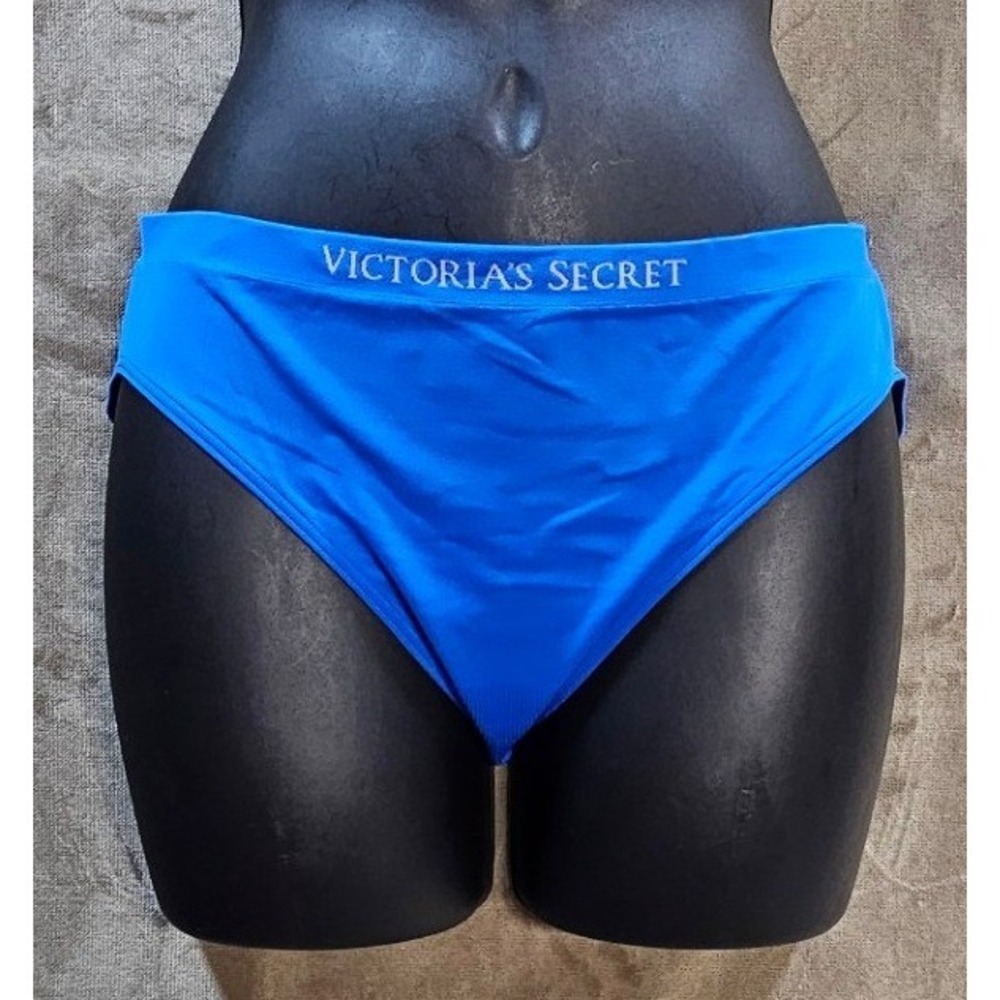 Victorias Secret Bikini Panties Blue Seamless Logo Waistband Large L NEW‎